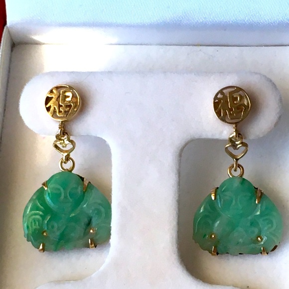 14K Solid Gold Antique Jade Earrings - Picture 1 of 4